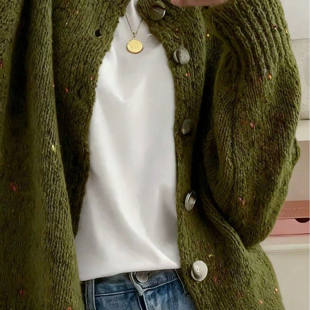 Army Green Casual Women's Cardigan Sweater - Picture 3 of 4